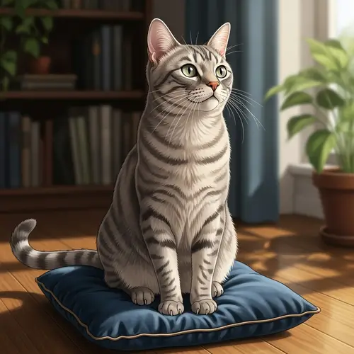 Detailed Illustration of Adult Domestic Cat | Gray Fur, Stripes, Green Eyes