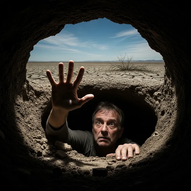 Middle-Aged Man Trapped in Deep Hole, Reaching for Help