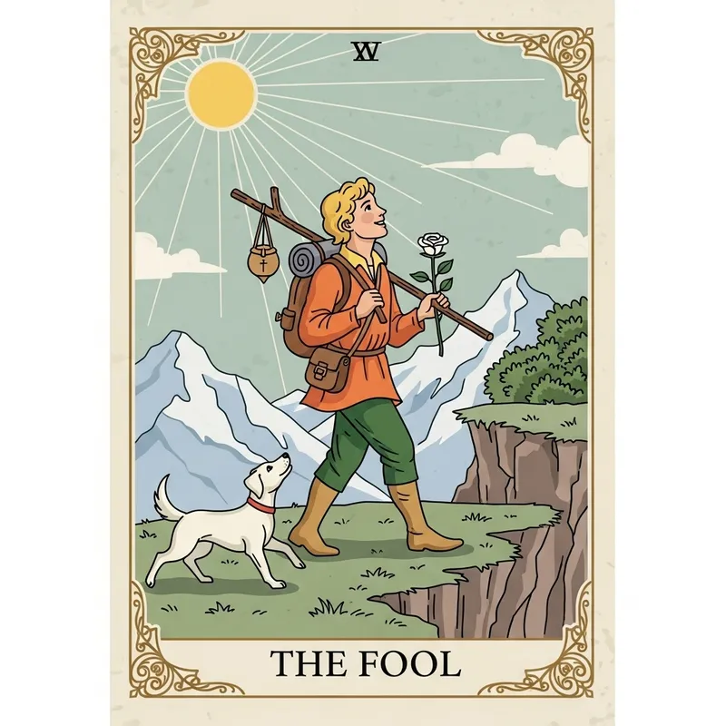 The Fool Tarot Card Illustration - Rider-Waite Style