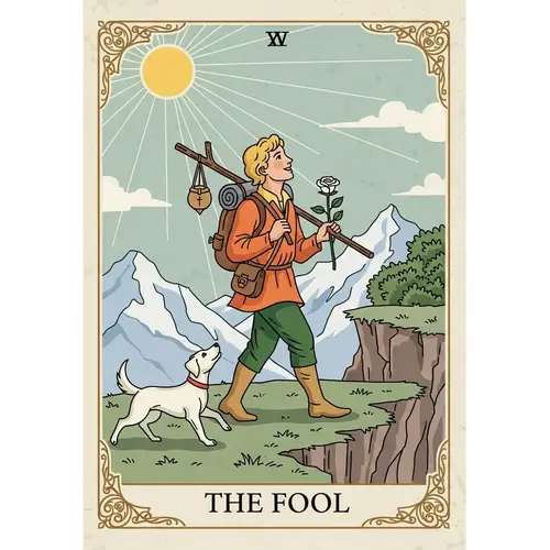 The Fool Tarot Card Illustration - Rider-Waite Style