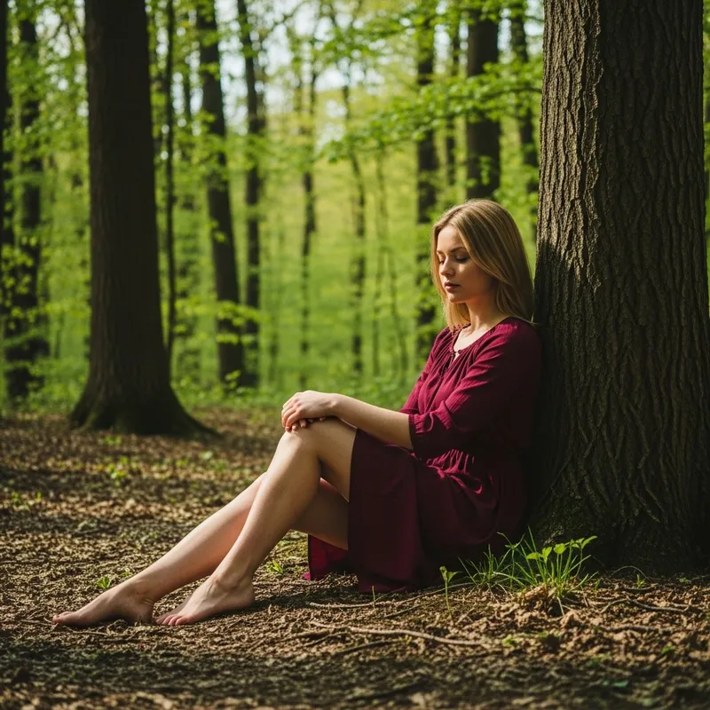 Blonde Woman Sitting in Woods | Photorealistic Analog Realism