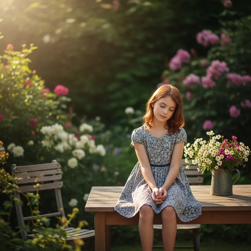 Girl Sitting on Table - Summer Garden Serenity Girl Sitting on Table - Summer Garden Serenity