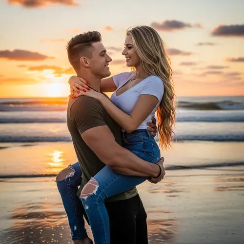 Romantic Beach Sunset Photo with Brunette Man and Blonde Woman