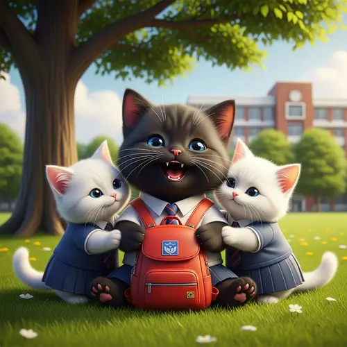British Blue-Eyed Cartoon Cat in School Uniform with Red Backpack