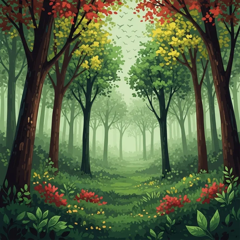 Abstract Forest Beauty: Dancing Trees & Shimmering Leaves