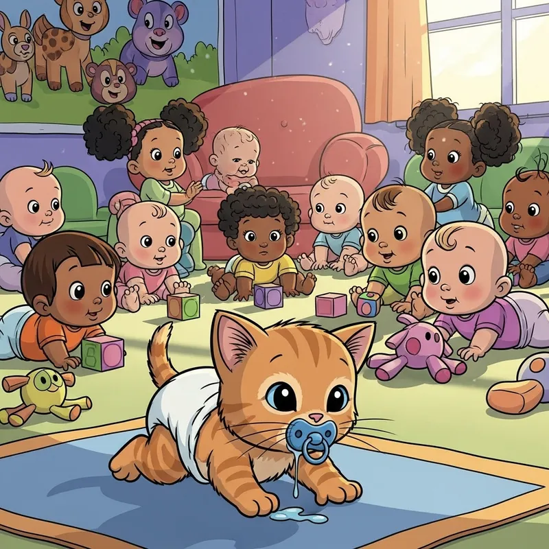 Cute Newborn Kitten Crawling with Diaper and Pacifier - Animated Cartoon Baby also Attending Daycare