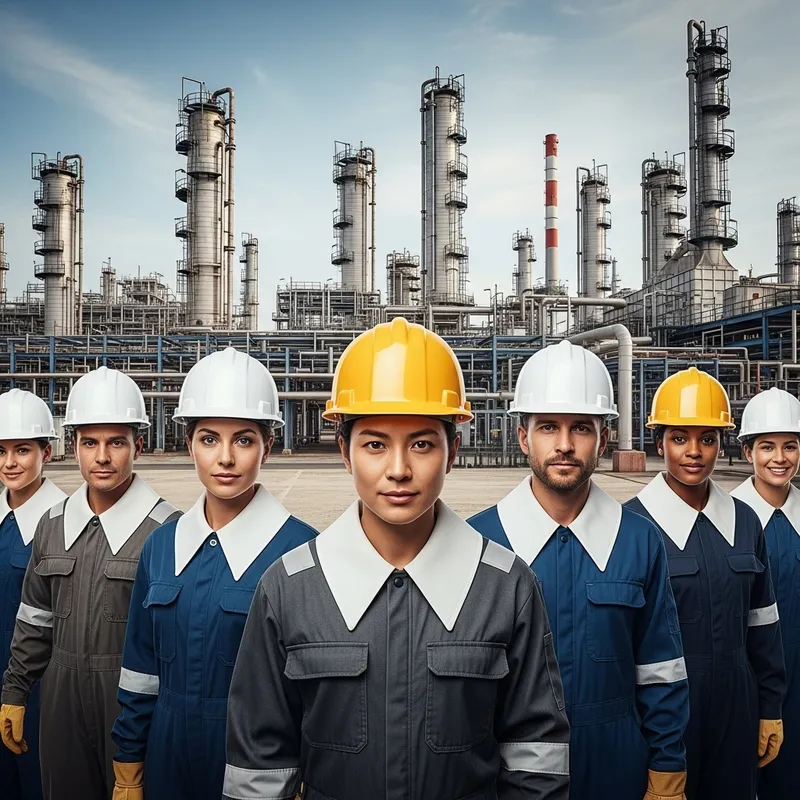 Oil Refinery Workers with White Collars | Corporate-Industrial Contrast