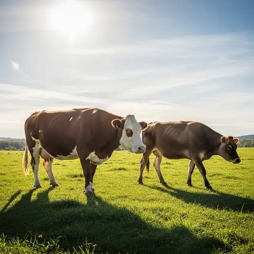 Simental and Jersey Cows Grazing in Lush Meadow
