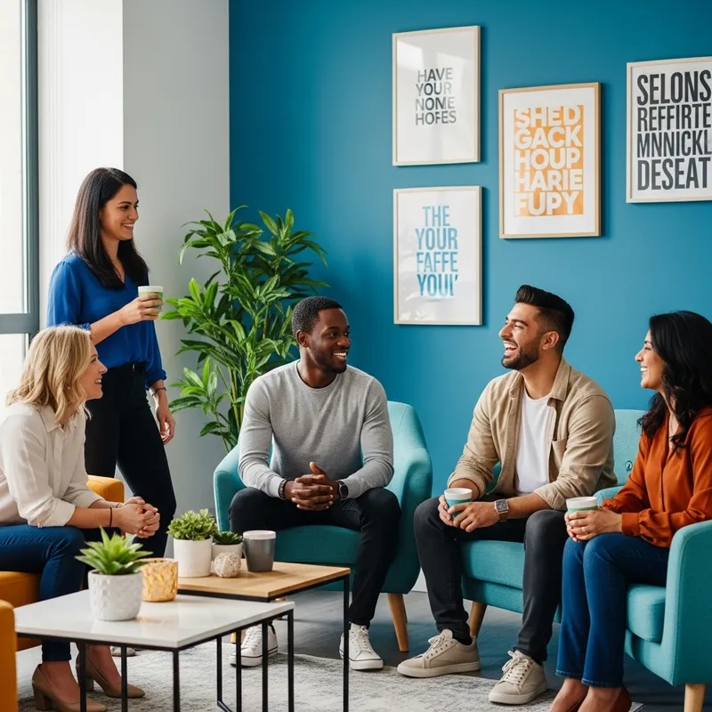 Diverse Group of Co-Workers Enjoying Friendly Gathering in Modern Office Setting Diverse Group of Co-Workers Enjoying Friendly Gathering in Modern Office Setting