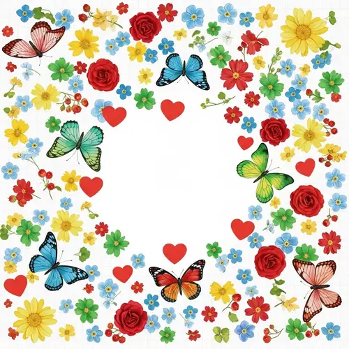 Colorful Flowers & Butterflies with Hearts | Lovely Pattern