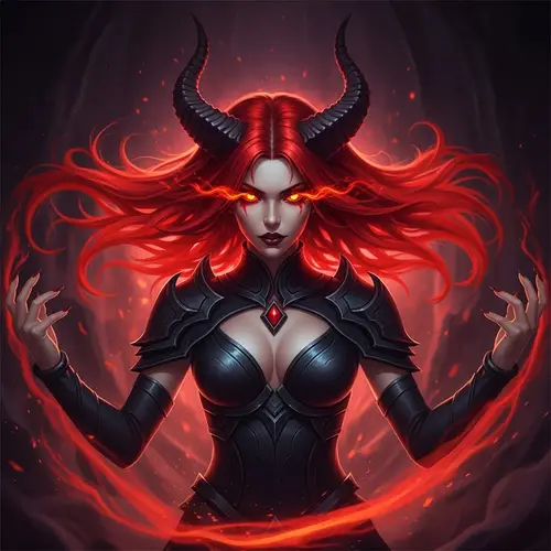 Captivating Demoness with Fiery Red Hair and Glowing Eyes