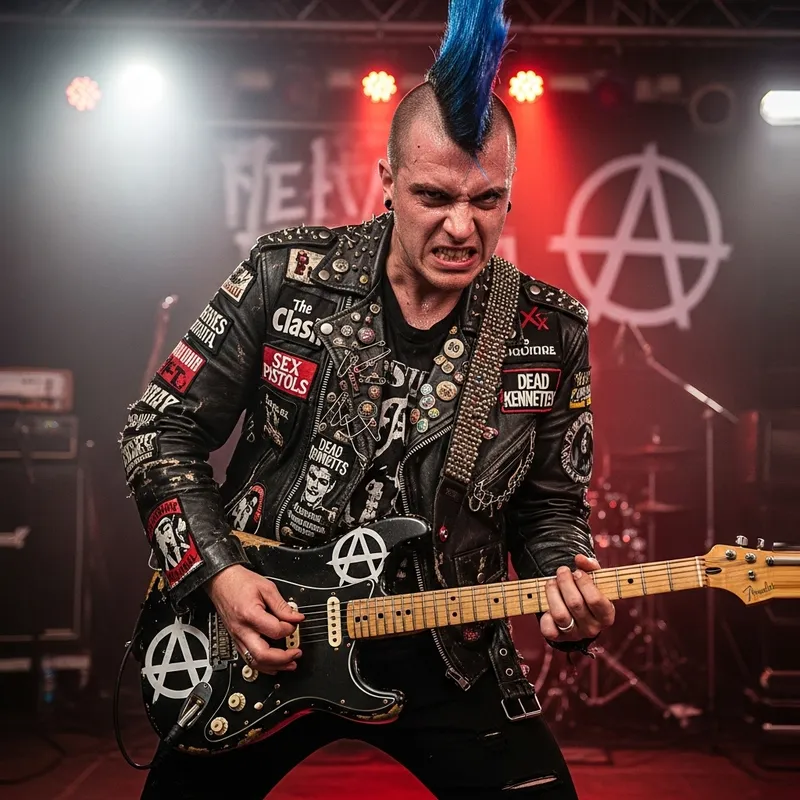 Rebellious Punk Guitarist with Anarchist Symbols - Rocking Out