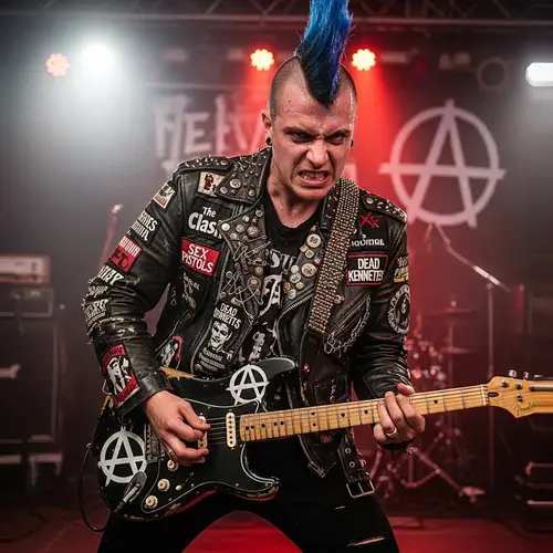 Rebellious Punk Guitarist with Anarchist Symbols - Rocking Out