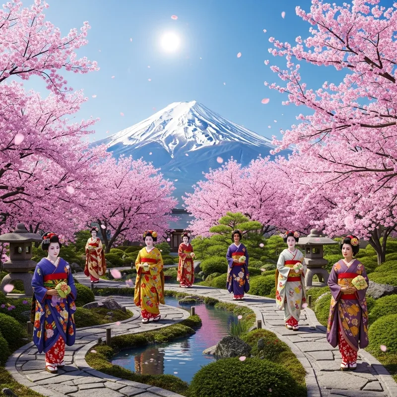 Stunning Japanese Garden with Cherry Blossoms, Geishas, and Mount Fuji View Stunning Japanese Garden with Cherry Blossoms, Geishas, and Mount Fuji View