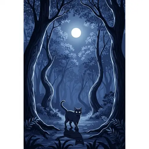 Magical Cat Wandering Under Moonlight in Forest