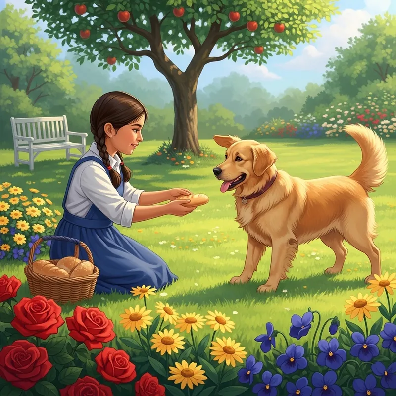Hispanic Girl with Golden Retriever in Sunny Garden | Heartwarming Image