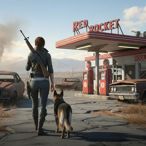 Post-Apocalyptic Female Protagonist with Dog at Red Rocket Station