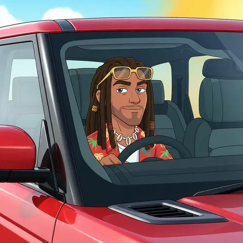 Light-Skinned Cartoon Guy in Red Range Rover Sport