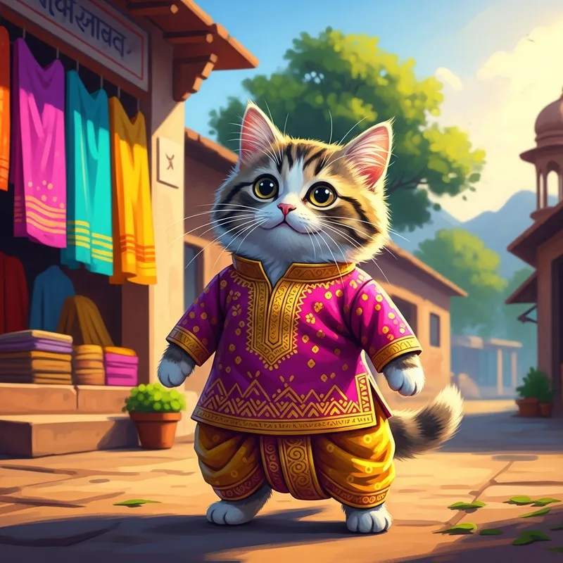 Playful Cat in Traditional Dhoti Kurt: Vibrant Digital Art