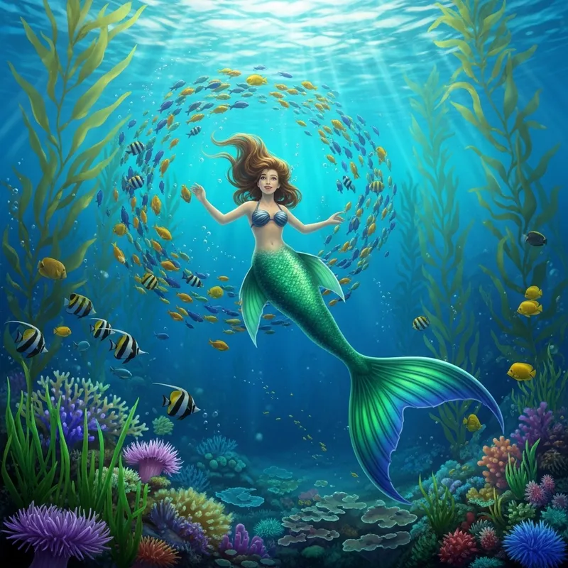 Enchanting Little Mermaid Swimming with Tropical Fish