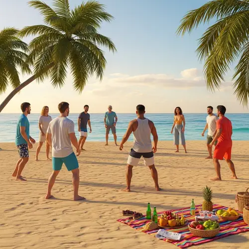 Tropical Beach Softball | Diverse Group Playing in Sunset Glow