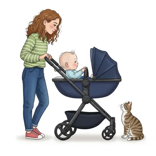 Caucasian Teen Girl Pushing Blue Stroller Watching Baby and Cat