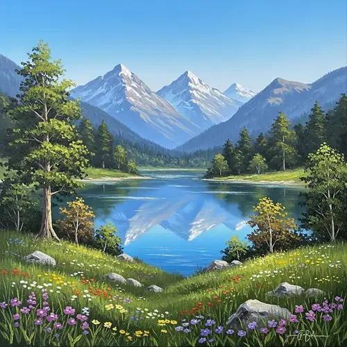 Soothing Landscape Painting with Crystal Clear Blue Lake