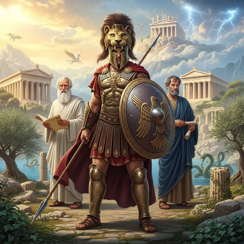 Ajax Warrior with Lion Helmet and Plato Aristotle in Greek Mythology