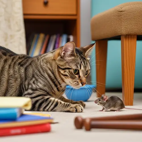 Playful Tabby Cat and Mouse Interaction