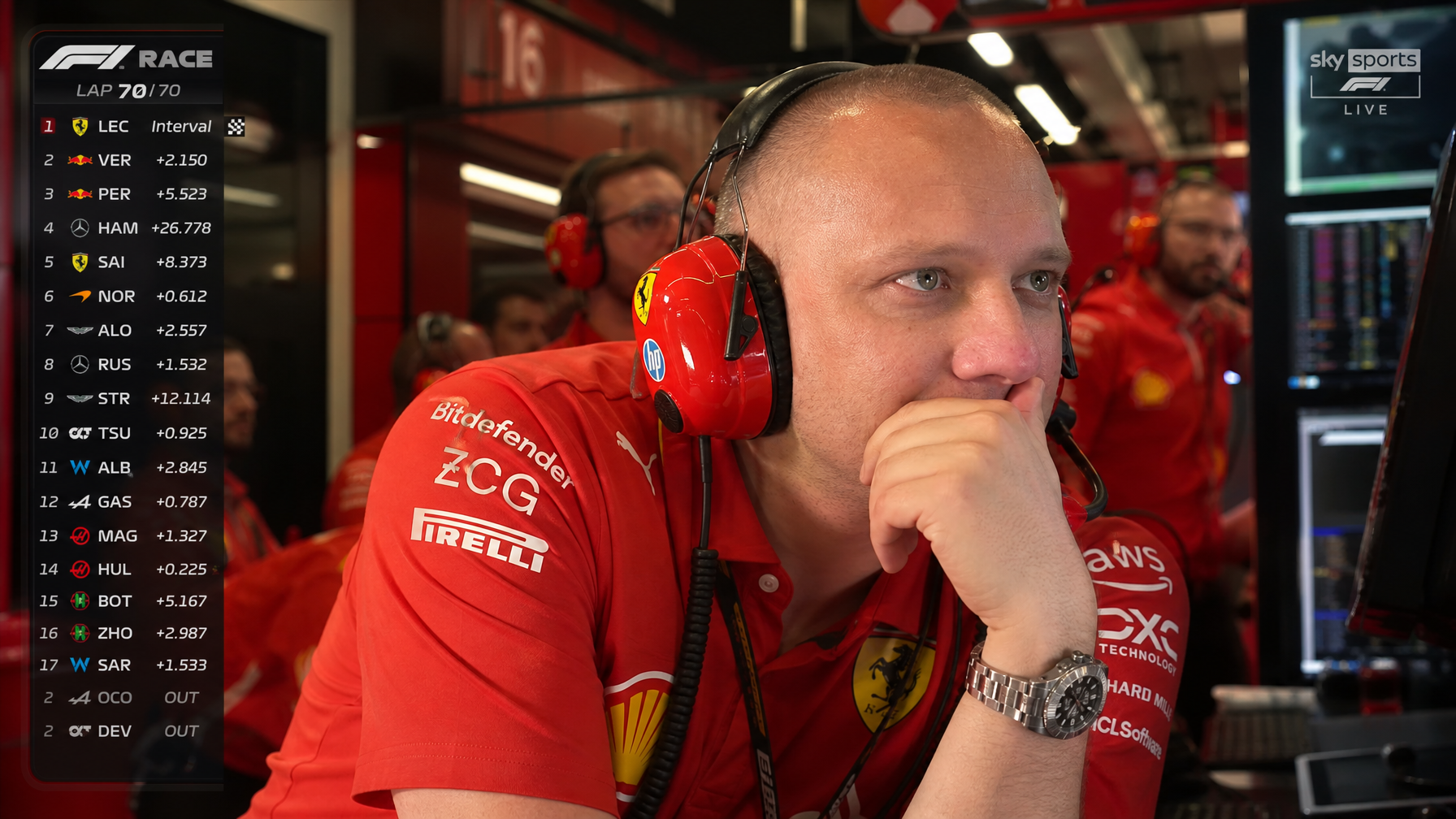 AI F1 paddock fan cam image wearing a Ferrari racing headset with telemetry screens in the background