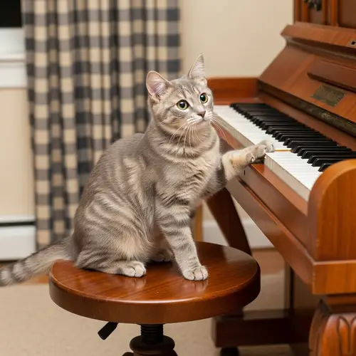 Curious Cat Playing Piano in Cozy Living Room