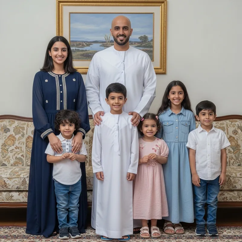Arabic Man with Family in Traditional Arabian Gulf Attire