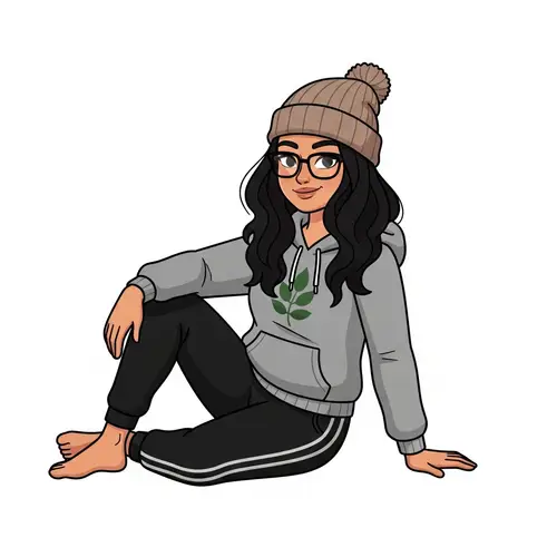 Relaxed Woman with Long Black Hair in Glasses and Beanie