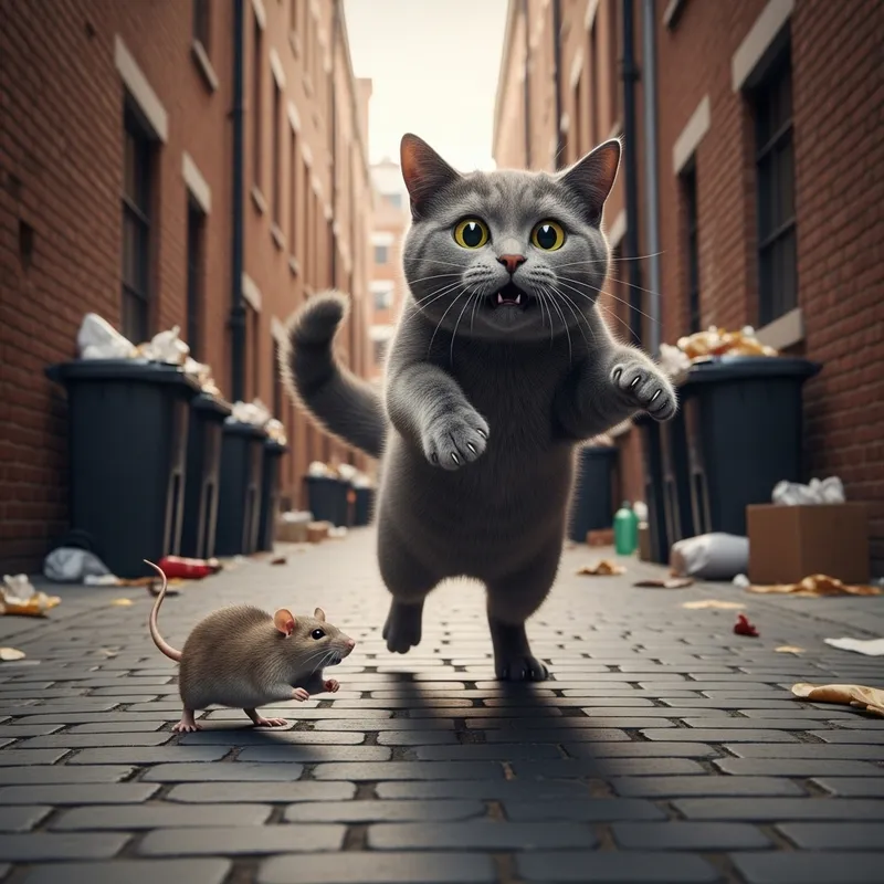 Humorous Rat Chasing Startled Gray Cat