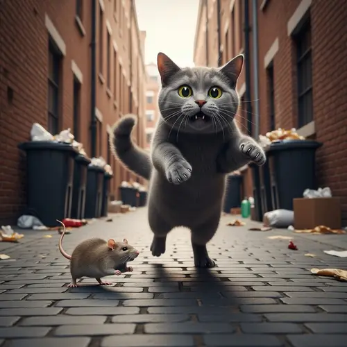 Dramatic Rat Chasing Gray Cat Scene