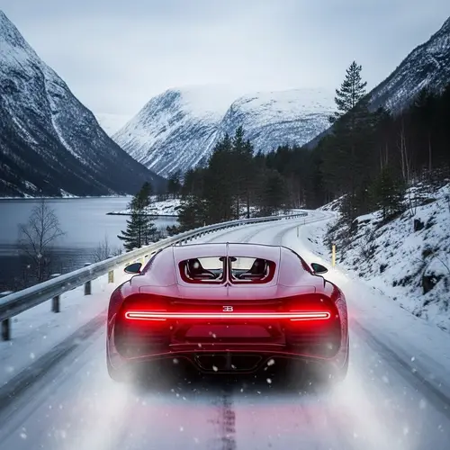 Luxury Maroon Sports Car Speeding Through Norwegian Winter Wonderland