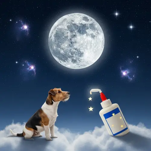 Surreal Dog on Cloud Gazing at Moon with Glowing Glue and Stars