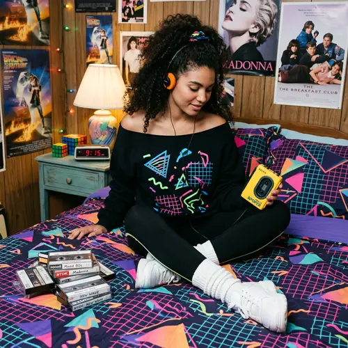 Neon Vibes: Model on Bed with Retro Walkman