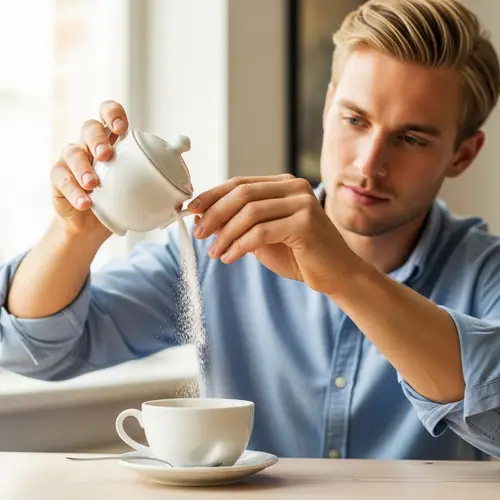 Blond Caucasian Adult Male Pouring Sugar into Cup