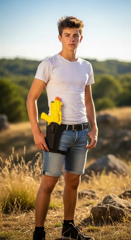 Confident Teenage Boy in White T-shirt and Denim Shorts | Youthful Strength