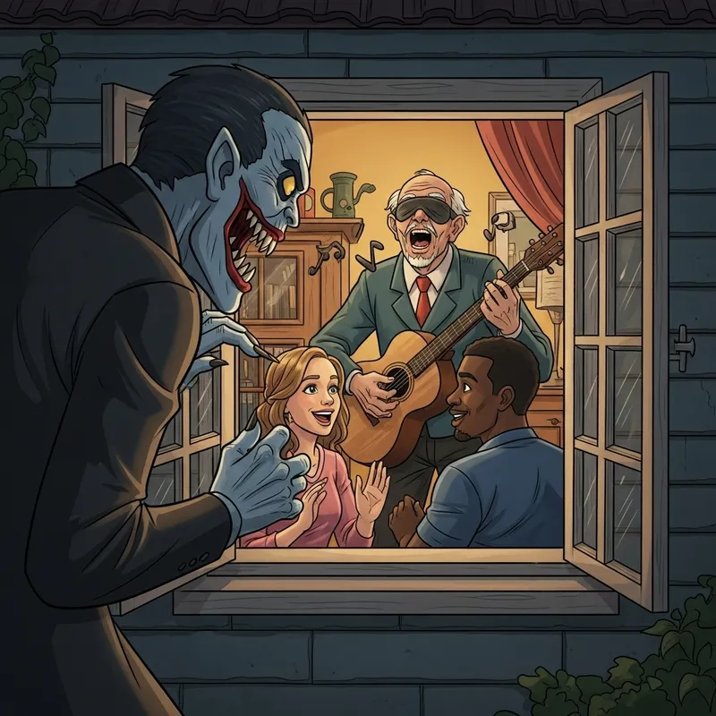 Frankenstein Observing Heartwarming Family Musical Scene | Digital Art
