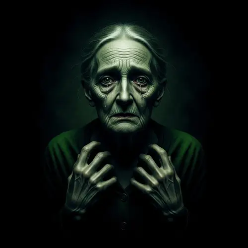 Haunting Visual of Frail Elderly Woman Trapped in Darkness