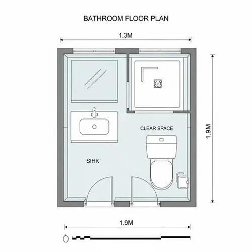 Professional 2D Bathroom Plan: 1.3m x 1.9m Dimensions