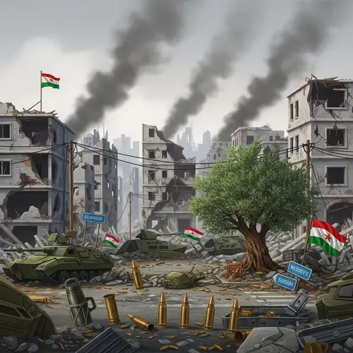 War Environment Illustration: Ravaged Cityscape & Symbols of Hope