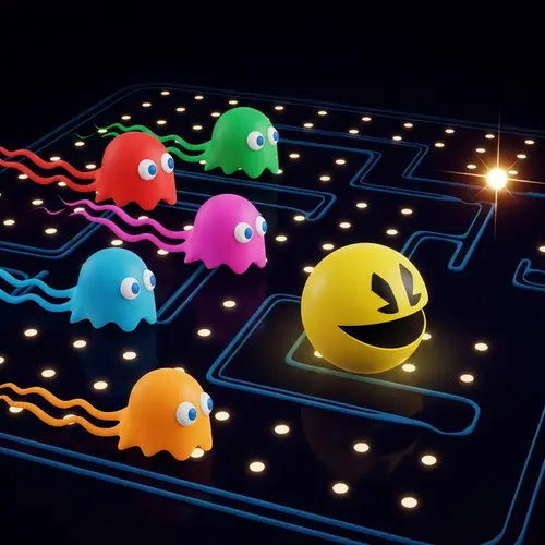Playful Pacman Adventure in a Dark Maze with Ghosts