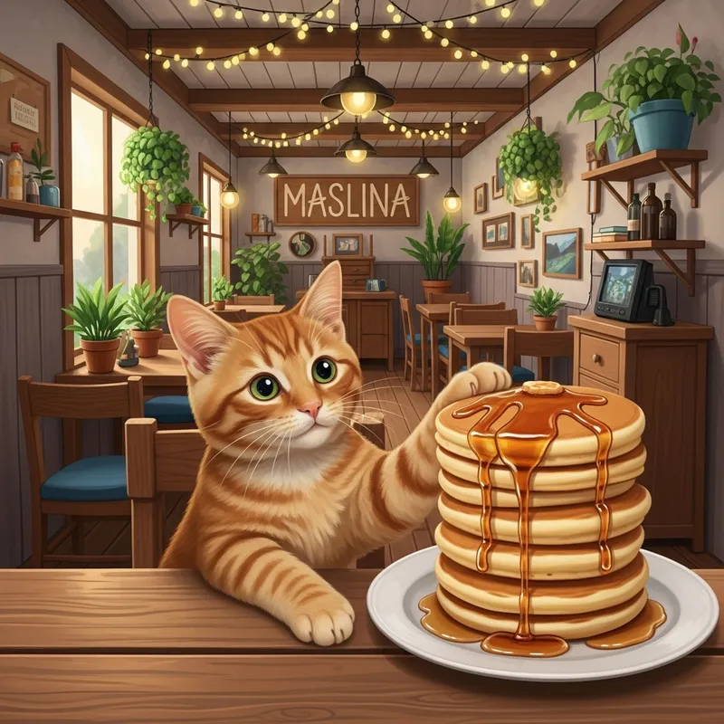 Orange Tabby Cat Enjoying Pancakes at Maslina Cafe