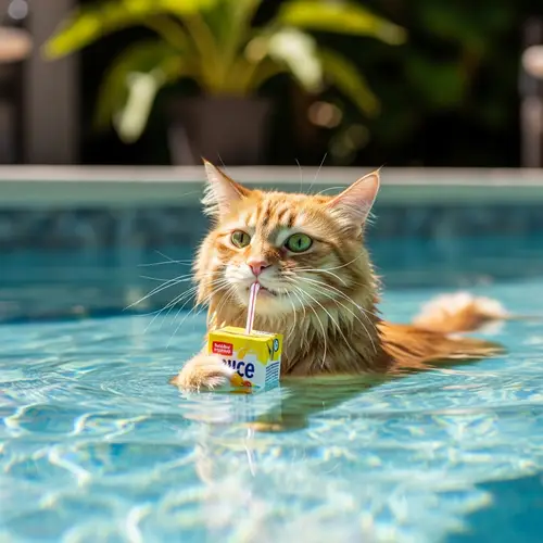 Cat Swimming in Water Drinking Juice