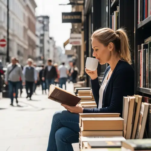 Middle-Aged Woman Enjoying Coffee and Reading in Urban Setting