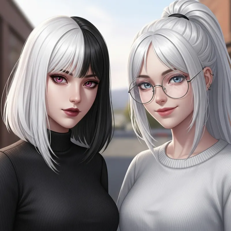 Unique Two-Tone Hair Girls with Pink-Red Eyes and Round Glasses