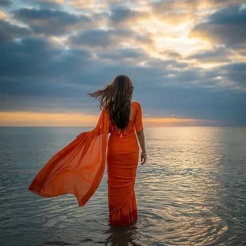 Elegant Indian Woman in Orange Chiffon Saree by the Ocean